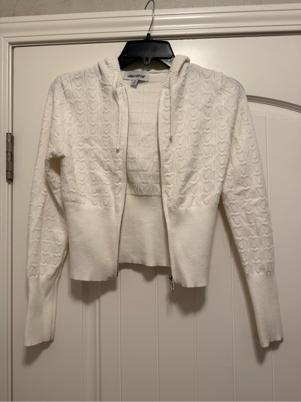White Hooded Heart-Knit Zip Cardigan